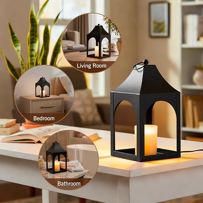 Candle Warmer Lamp with Timer, Dimmable Vintage Lantern for Large Jar Candles, Top-Down Electric Candle Lamp Warmer with 2 Bulbs, Safe for Children & Pets, Hanging Black Home Decor Gift