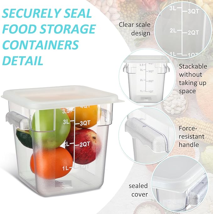 Yungyan 12 Pcs 4 Qt Commercial Food Storage Containers with Lids Restaurant Square Airtight Food Storage Containers Clear Cereal Container for Kitchen Freezer Dishwasher Pantry (White Lid)