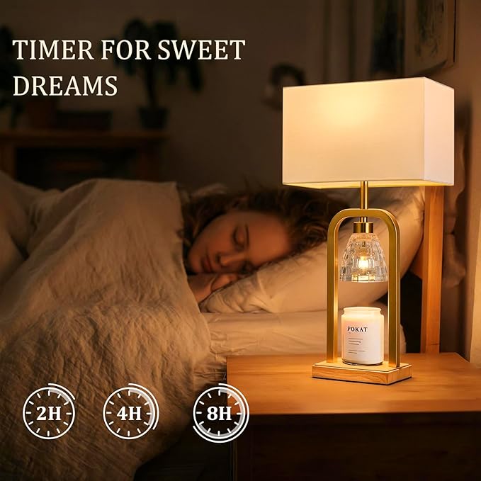 PoKat Electric Candle Warmer Lamps Gold, Lamp Candle Warmers with Timer Dimmer, Wax Light Warming Table Lamps Set of 2 for Jar Candles, Modern Bedside Lamp for Home Decor Living Room, Bulb Included