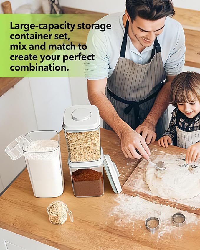 Airtight Food Containers Set with One-Touch Lid, Mixed Size Set (2.8 Qt + 4.2 Qt *2) with Scoop, Stackable Jars for Complete Kitchen Organization