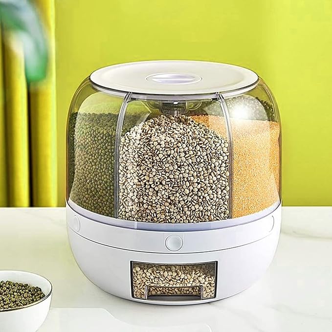 Cereal Dispenser Countertop Rotatable - Grain Containers Tank Dispenser with 6 Compartments - Ideal for Kitchen Storage of Lentils, Rice, Beans and Other Dry Food