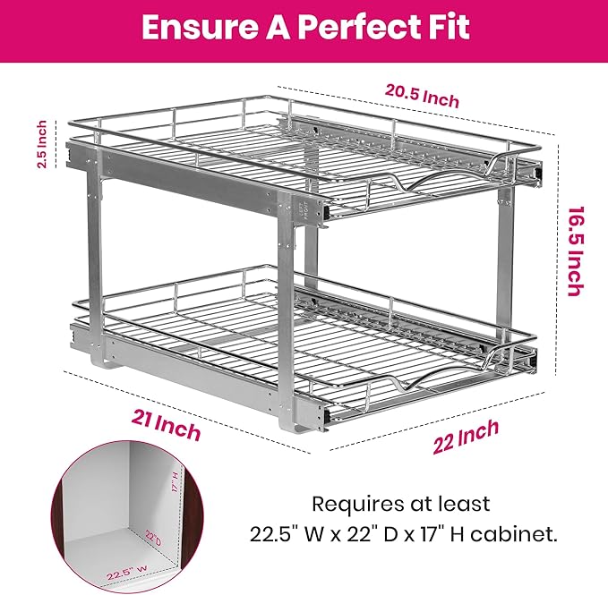 2-Tier Pull-Out Cabinet Organizer with Heavy-Duty Steel Frame, Full-Extension Sliding Shelves, Holds 100 lbs, Easy Install for Kitchen, Pantry & Under Sink Cabinets, 22" W x 21”D x 16.5" H