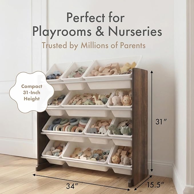 Humble Crew Kids Toy Storage Organizer with 12 Plastic Bins, Espresso/White – Removable Bins for Playroom, Bedroom, Toddler Furniture for Boys and Girls Ages