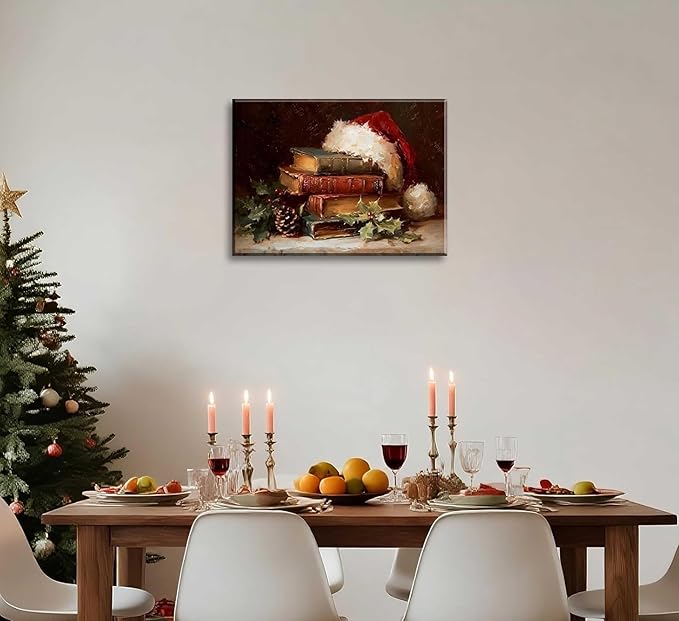 Paint by Number Kit for Adults & Kids, Christmas Vintage Books with Santa Hat 16x20 Inch, DIY Acrylic Painting Kit with Brushes & Paints, Holiday Art Decor for Home Framed