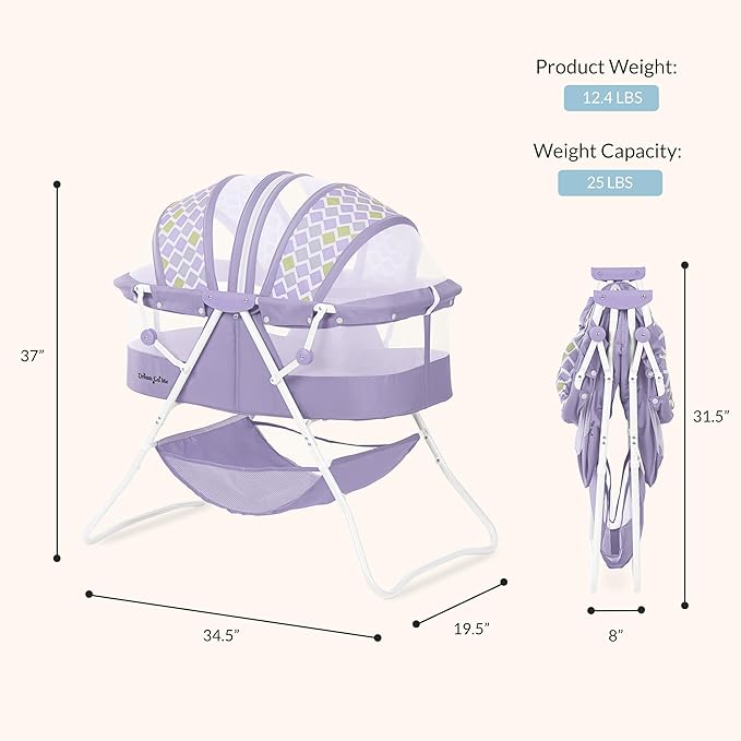 Dream On Me Karley Bassinet, Award Winner Lightweight Travel Baby Bassinet, Foldable Bedside Sleeper, Adjustable Double Canopy, Spacious Design, Soft Fabric, Storage Basket – Periwinkle