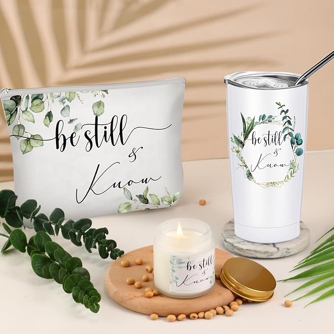 Sieral 3 Pcs Christian Easter Gift Set for Women 20oz Tumbler, Prayer Candle & Bible Verse Makeup Bag, Inspirational Religious Church Faith Birthday Gift for Mothers Day Mom(Be Still and Know)