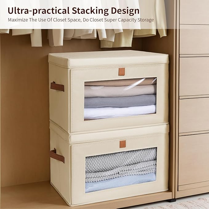 Collapsible Storage Bins - Large Closet Organizer with Handles & Window, Decorative Storage Boxes, Fabric Containers for Living Room, Dorm, 4 Pack, Beige