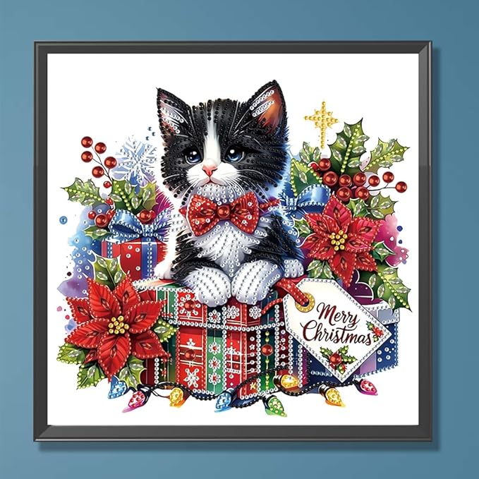Xmas Gift Cat 5D Special Shape Diamond Art Kits for Beginners, Christmas Winter Theme Diamonds Painting Kits for Adults,DIY Crystal Rhinestones Diamond Paintings for Home Wall Decor 12×12Inch