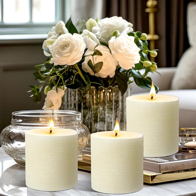 Sumind Valentine's Day Handmade 3x3 Inch Pillar Candles Set of 3, 24 Hour Long Burning Unscented Rustic No Drip Ivory Candles Hand Poured for Spring Home Decor, Weddings, Parties,Dinner,Church(White)