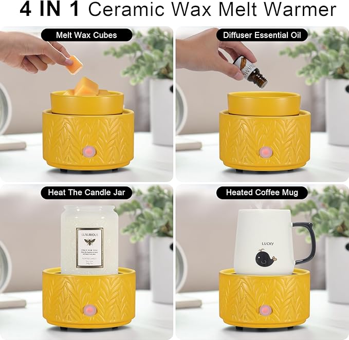 Ceramic Wax Melt Warmer, Fragrance Wax Warmer 4-in-1 Electric Candle Wax Melter and Wax Cubes for Home Office Bedroom Aromatherapy Essential Oil Burner is Birthday Gifts for Women Mom Girl(Yellow)