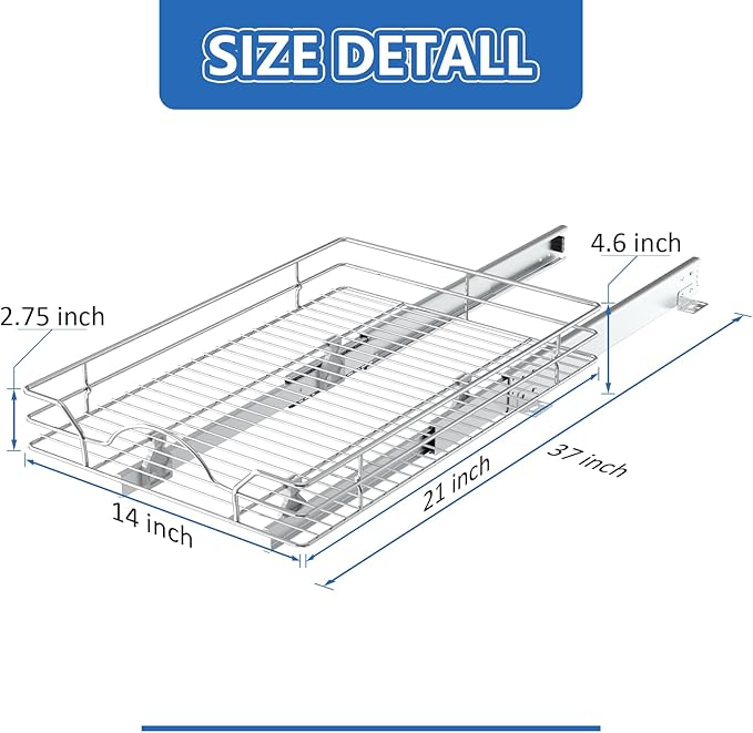 ROOMTEC Pull Out Cabinet Organizer - 14" W x 21" D, Slide Out Kitchen Cabinet Storage Shelves, Fits 15.5" Opening