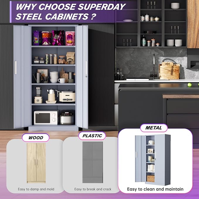 Superday Metal Storage Cabinets, 71" Storage Cabinet with Locking Door, Tall Garage Cabinet with 2 Doors and 4 Adjustable Shelves for Home Office, Classroom, Easy Assemble(Grey)