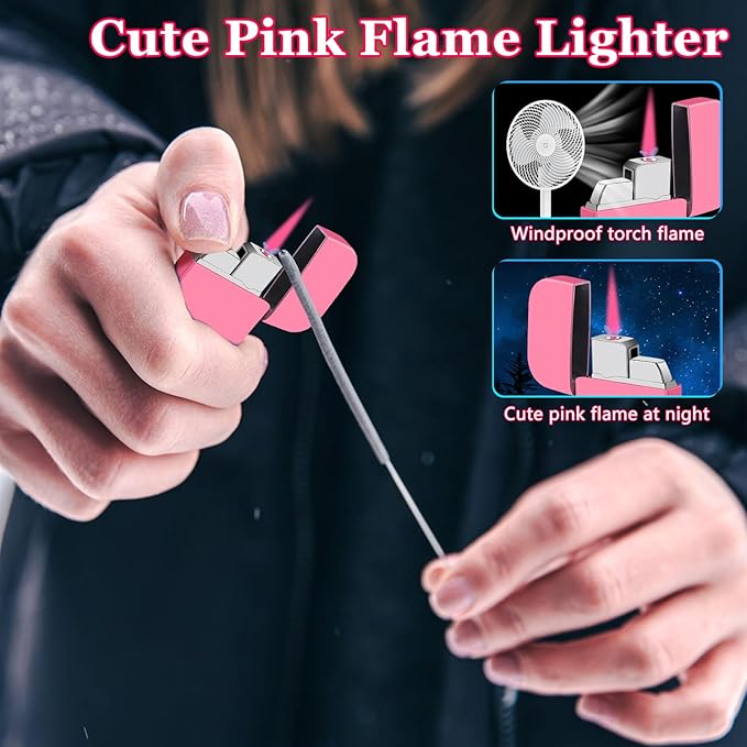 Pink Flame Torch Lighter, Cute Pink Lighter,Refillable Butane Lighter, Windproof Torch Lighter for Outdoor Camping BBQ Candle,Nice Gift for Girls,Women on Birthday,Anniversary (1 Pack,Without Butane)