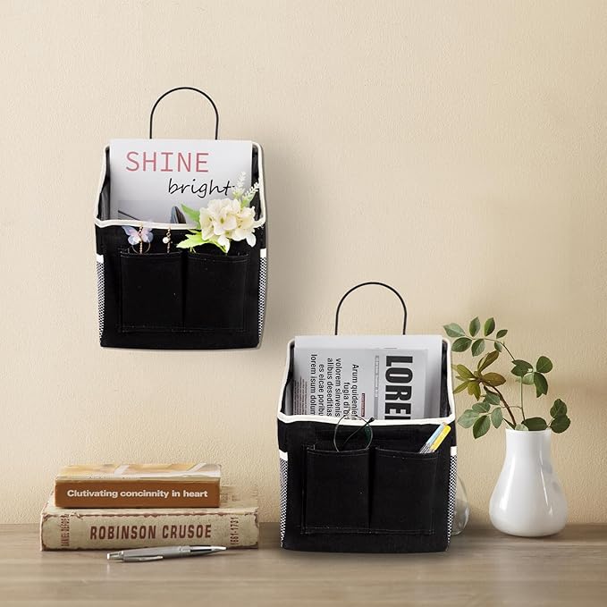 LYroo 2 Pack Black Wall Hanging Storage Organizer Basket with Pockets for Bathroom Bedroom Kitchen Dorm Room Essentials Rv Storage and Organization