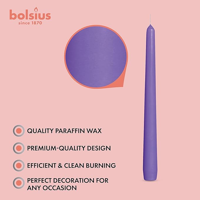 BOLSIUS 10 Inch Purple Taper Candles - 8 Hours Burn Time - Premium European Quality - 10 Pack Unscented Smokeless & Dripless Household Taper Candlesticks - Perfect for Church, Party, & Everyday Use