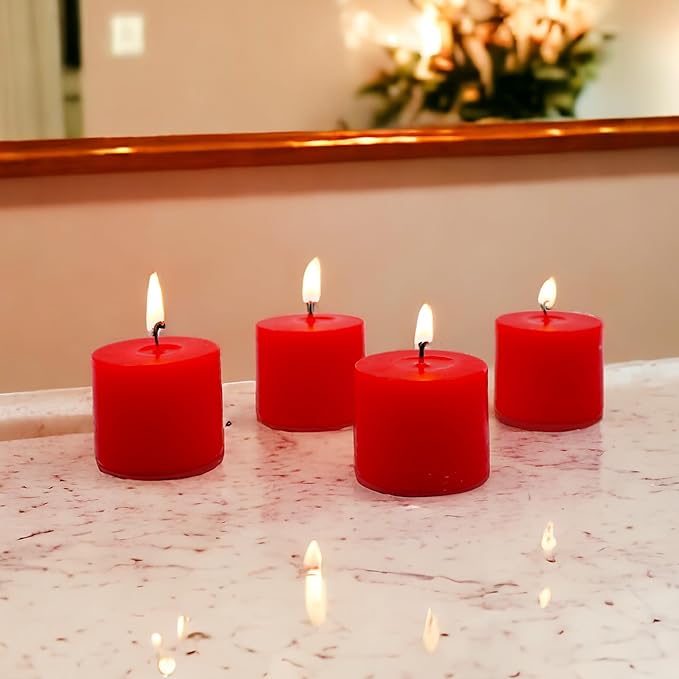 Hosley Set of 30 Unscented Pressed Red Votive Candles – Bulk Pack, Clean-Burning, Long-Lasting 10-12 Hour Burn Time – Ideal for Weddings, Home Décor, Spa, and Events