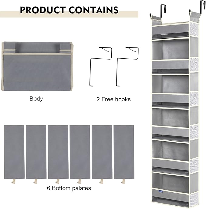 Over The Door Organizer 6-Shelves and 12 Side Pockets, Over The Door Storage for Bathroom Bedroom Nursery, Hanging Door Organizers for Baby Diapers and Kids Toys (13"x5"x54", Grey)