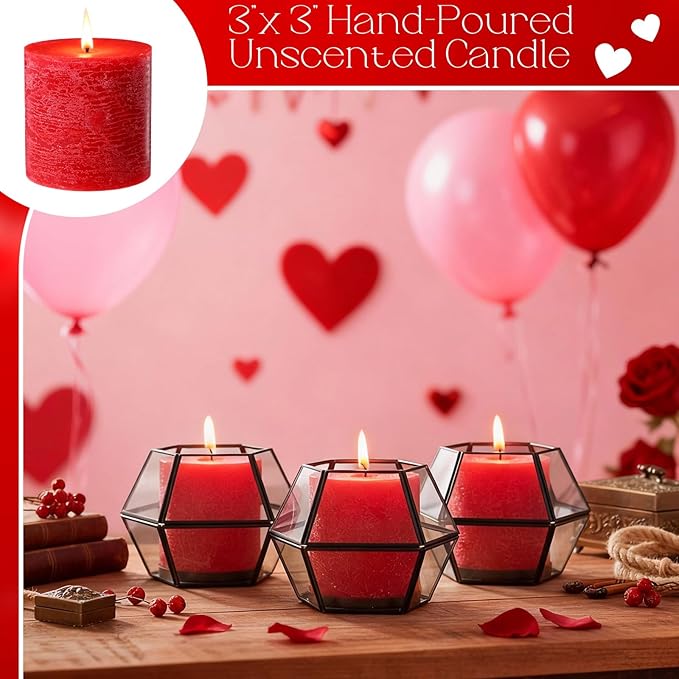 Sumind Valentine's Day Handmade 3x3 Inch Pillar Candles Set of 3, 24 Hour Long Burning Unscented Rustic No Drip Ivory Candles Hand Poured for Spring Home Decor, Weddings, Parties,Dinner,Church(Red)
