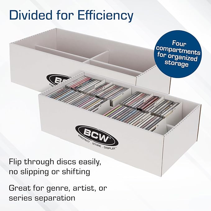 BCW CD Storage Box with Lid - 3 Pack | Holds 100 Jewel Cases | CD Organizer Case with 4 Compartments | Corrugated Storage Bin for Home & Retail | Compact Box for Jewel Case Storage