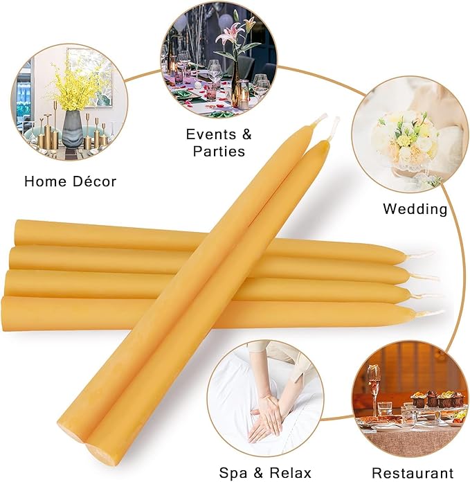 10 inch Pure Bee Waxs Candlestick Tapers 12 Pack,9 Hours Long Burning Beewaxs Taper Candles,Unscented Dripless and Smokeless,for Home Decor, Party, Wedding