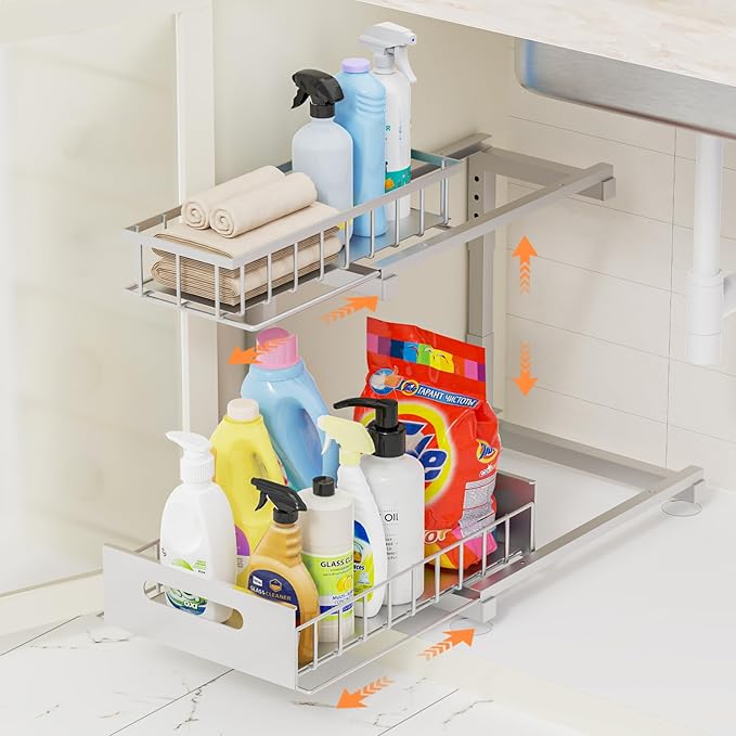 Under Sink Organizer, Heavy Duty Metal Pull Out Cabinet Organizer Slide Out Sink Shelf Organizer Height Adjustable, Multi-Purpose Storage Shelf for Kitchen Bathroom(Sliver,1Pack)