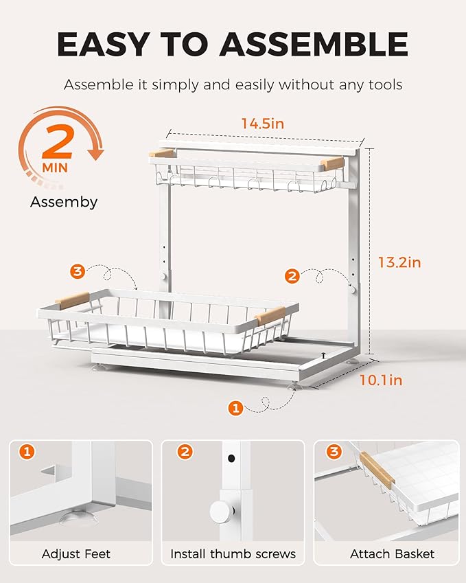 3 Pack Under Sink Organizer, Multi-Purpose 2 Tier Pull-Out Metal Under Kitchen Sink Organizer, Height Adjustable Storage Shelves for Kitchen Bathroom Cabinet (White)