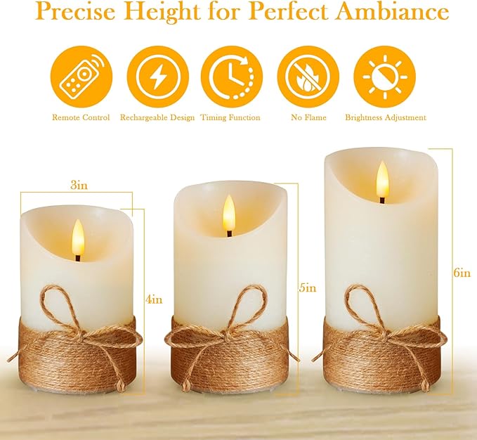 Rechargeable Flameless LED Candles,Flickering Candles with Auto On/Off Timer 2H/4H/6H/8H,Real Wax, Dimmable Brightness,4" 5" 6" Set of 3 for Valentine's Day,Centerpiece Table Decorations,Home Decor