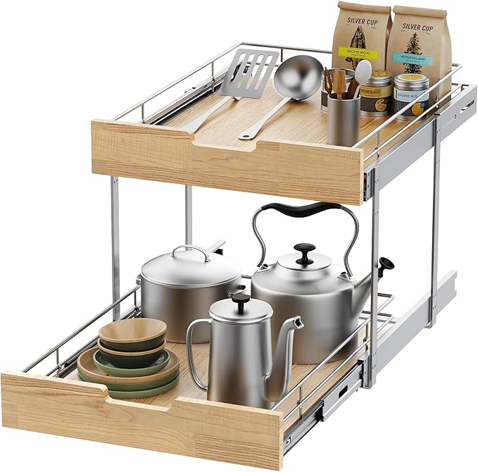 Sikarou Pull Out Cabinet Organizer,Heavy-Duty Slide Out Shelf, Wood and Wire Basket, Pull Out Drawer for for Kitchen Under Sink Space, Pantry, Bathroom, 2 Tie 17 * 21 in