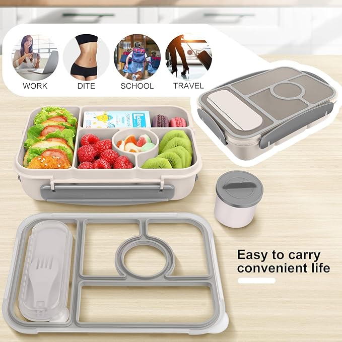 Lunch Box for Adults/Kids/Toddler,5 Compartments Bento Lunch Containers with Sauce Vontainers,Microwave & Dishwasher & Freezer Safe,BPA Free(White)
