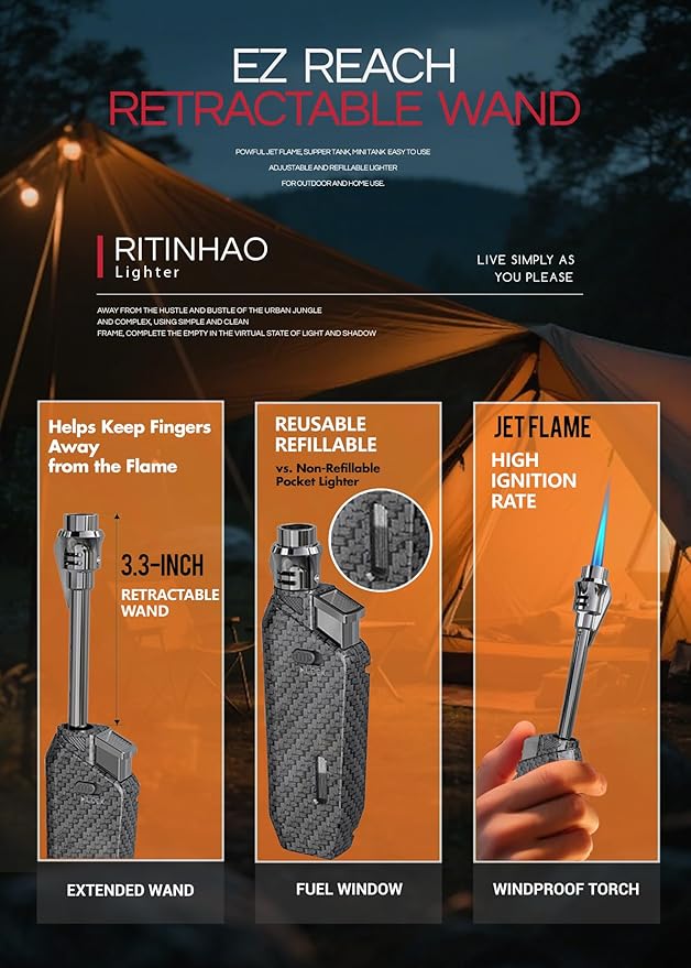 Long Torch Lighter with Extended Tip, Jet Flame Windproof Lighter Butane Refillable, 2 Pack Adjustable Butane Lighters for Candle Fireplace Camping BBQ Lighters Gift for Man Women (Without Fuel)