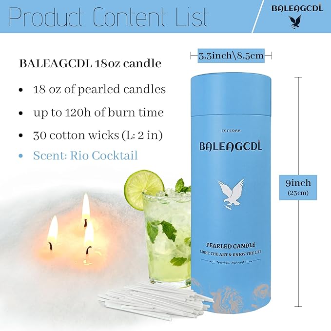 Copacabana Fizz Pearled Candle 18 Oz with 30 Wicks - Rio Cocktail Scented Sand Candles White Refillable Wax Lasts Up to 120 Hours Smooth and Clean Burning for Candle Making DIY