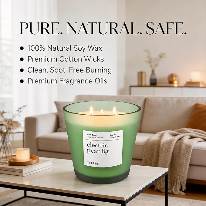 Hidden Label Electric Pear Fig Scented Candle, 30oz Large 3 Wick Natural Soy Wax Candle, 120 Hours Slow Burn Aromatherapy Candle for Home, Serene Collection Luxury Home Décor