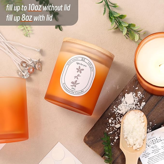 REISEN 12Pcs Gradient Orange Candle Jars for Making Candles, 10oz Glass Jars with Bamboo Lids, Candle Wick Kit and Sticky Warning Labels, Candle Containers Vessels for DIY Gifts