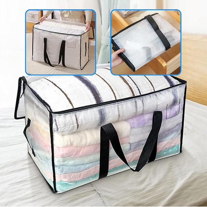 2-Packs Extra Large Heavy Duty Moving Bags, Waterproof Storage Totes with Handles & Zippers Storage Bags Totes for Clothes Packing, Dorms, College Supplies, Space Saving, Clear