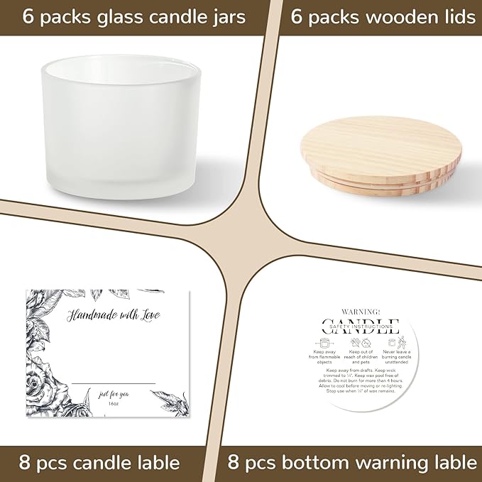 LAMORGIFT 6 PCS 16 oz Frosted White Glass Candle Jars - 3 Wick, Empty Candle Containers for Candle Making Supplies