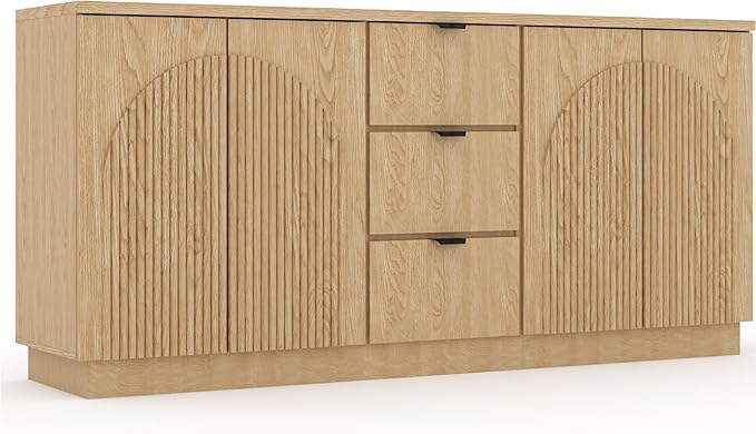Brafab 67" Mid Century Modern Style Storage Sideboard with 4 Arched Reeded Design Doors and 3 Drawers with Adjustable Shelves, Suitable for Living Rooms, Studies and Dining Rooms (Natural Oak, 2 PCS)