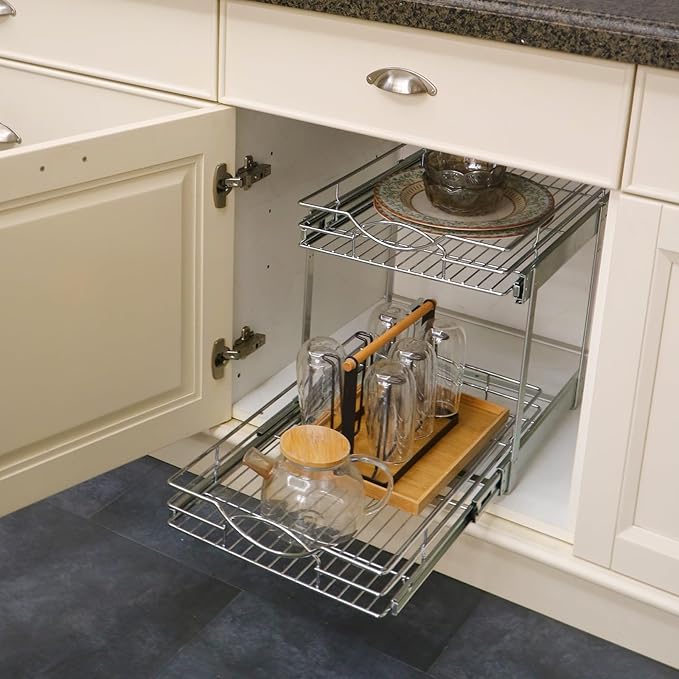 Sikarou Pull Out Cabinet Organizer 17" W x 21" D 2-Tier Individual Slide Out Drawer Pantry Shelf Storage for Kitchen Base Cabinet Organization for Kitchen, Bathroom, Pantry, Chrome