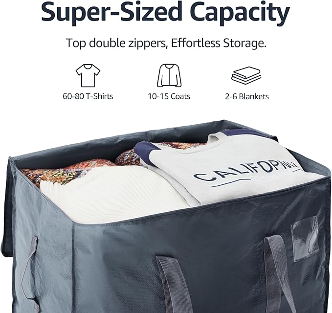 Moving Bags Heavy Duty Extra Large, Moving Boxes, Moving Supplies Essentials,Storage Bins with Lids, Plastic Packing Totes, Storage Bags for Clothes with Handles & Zippers(Grey, 6 Pack)