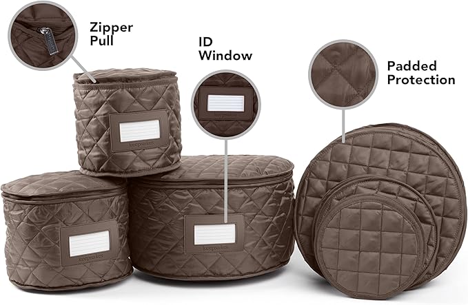 Covermates Keepsakes Dish Storage Set – Padded China & Dinnerware Storage Cases with Dividers, Cup & Stemware Storage, Quilted Polyester Protection, ID Window, Bronze