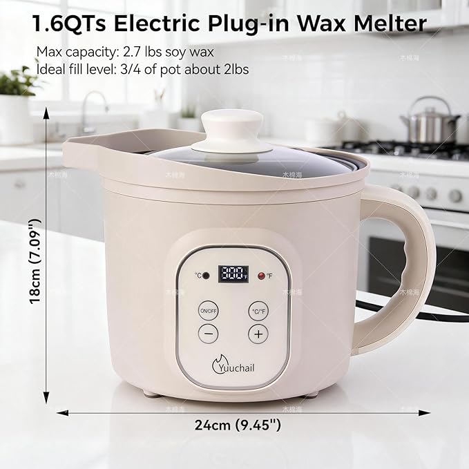 Yuuchail 1.6QTs Electric Wax Melter with Digital Display, Precise Temp Control 90–300°F, 3-Hour Auto Shut-Off & Non-Stick Coating, Wax Melting Pot for DIY Candle Making, Soap Making, Wax Crafts