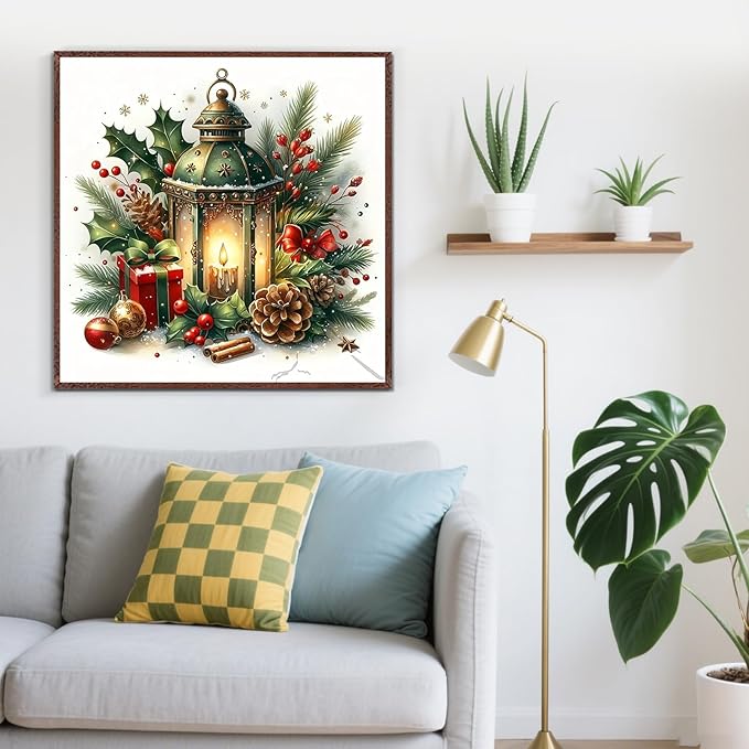 Christmas Light Candle Holly Diamond Painting Kits for Adults,5D Diamond Art Kits for Adults Beginners,DIY Full Round Drill Diamond Dot Painting Gem Art Kits for Adult,Home Wall Decor 13.8x13.8 Inch