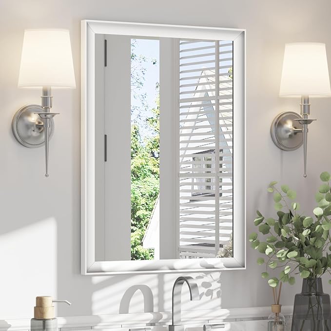 USHOWER White Bathroom Mirrors for Over Sink 22x30 Inch, Metal Framed Rectangle Vanity Mirror for Wall, Bedroom, Living Room, Entryway, Farmhouse, Anti-Rust, HD Tempered Glass, Horizontal/Vertical