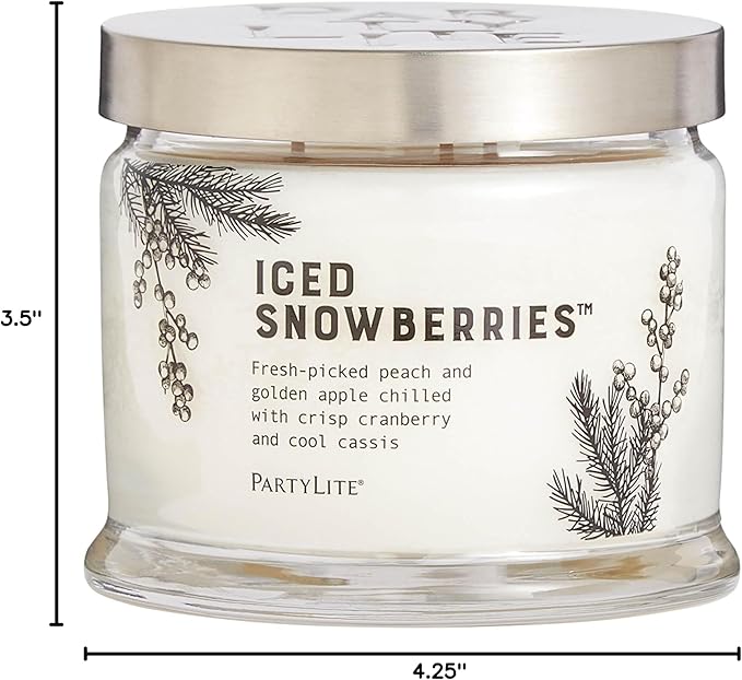 PartyLite Iced Snowberries Scented, Notes of Apple, Cassis, Cranberry, Peach, Strawberry, Berry, Vanilla & Musk,13.2oz 3-Wick Jar Candle, 45 Hour Burn Time, Luxurious Fragrance, Perfect for Gifting
