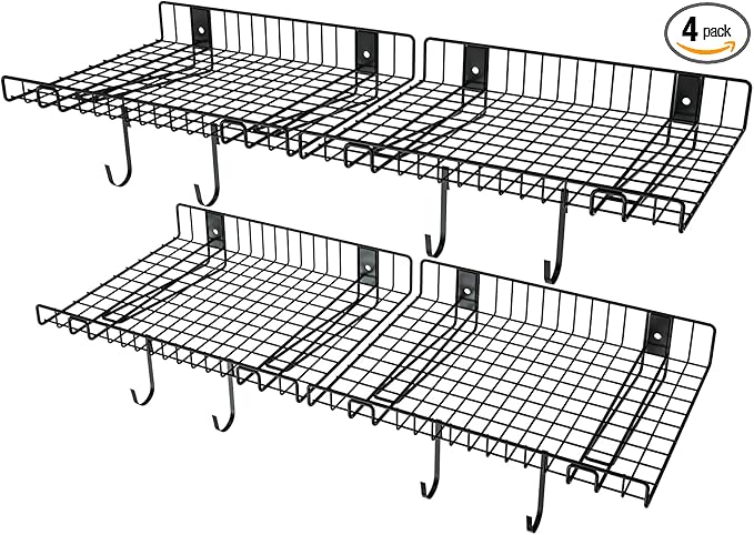 4 Pack Garage Wall Shelf, Wall Mounted Storage Shelves, Heavy Duty Metal Shelves for Room Wall, Loads 160 LBS Floating Shelves Mesh Storage Rack for Garage, Office, Basement,Wall Cabinet and Kitchen