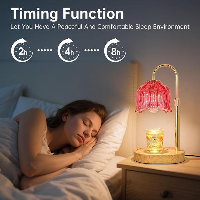 Flower Candle Warmer Lamp for Jar Candles with Timer & Dimmer, Adjustable Height Fits Large Jars up to 7.08" Tall, Flameless Wax Warmer, Cozy Bedroom Home Decor, Gift for Mom Women,Red