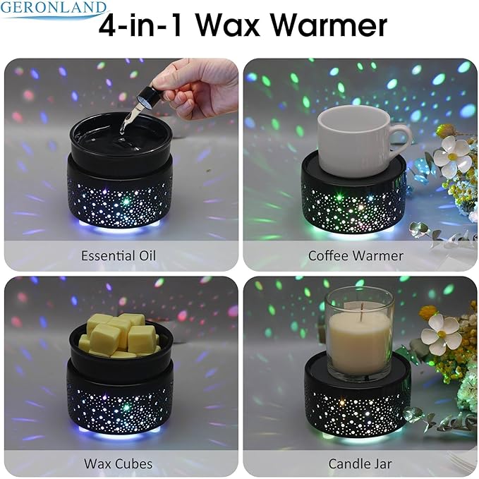Wax Melt Warmer 3-in-1, Ceramic Candle Warmer & Oil Burner with Starry Sky Holes & Auto-Fading 7-Color Light, Fragrance Warmer for Scented Wax, for Mom Wife Sister (Black)