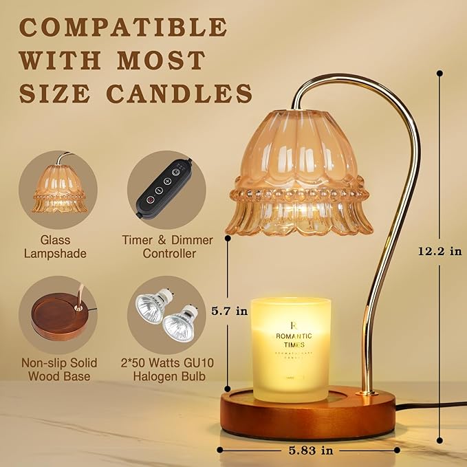 Funistree Glass Candle Warmer Lamp with Timer, Flower Candle Lamp, Birthday Gifts for Women, Mom, Female Friend, Candle Lamp Warmer Gifts, Electric Dimmable Candle Warmer, Vintage Home Decor, Amber