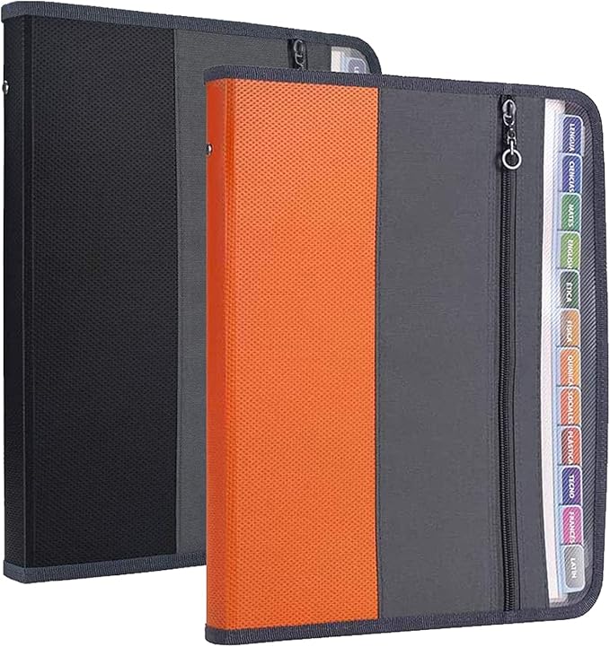 NAFY Expanding File Folders, 2Pack 13 Pockets Document Organizer with Zipper, A4 Letter Size Portable Accordion Expanding File Folders with Multicolor Labels for Office School Supplies (Black+Orange)