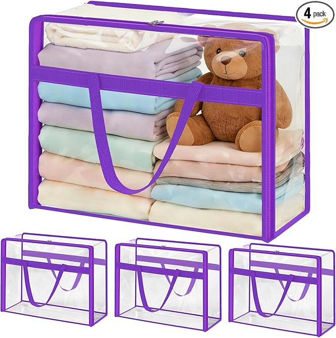 SGHUO Clear Storage Bags 60L Extra Large Plastic Vinyl Blanket Storage Bag for Clothes, Comforter, Bedding, Moving Bags with Zipper and Reinforced Handle (4pcs, Purple)