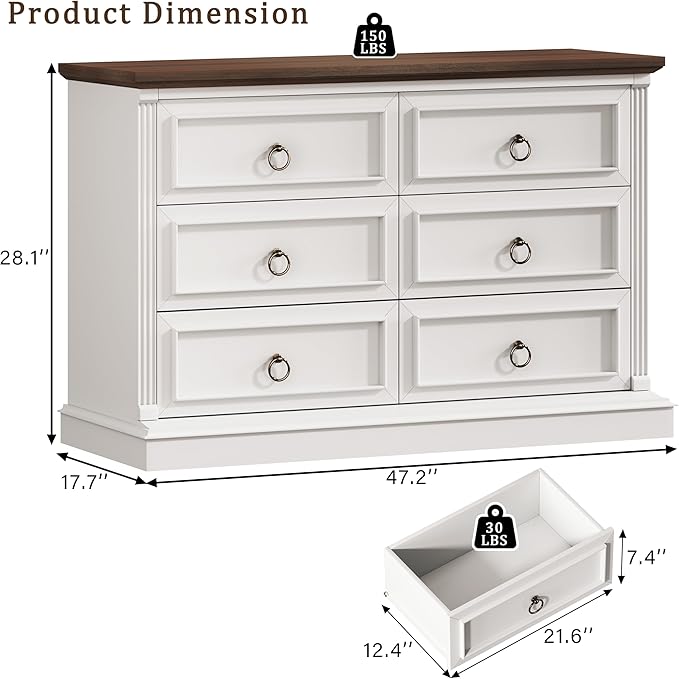 HUAHUU Farmhouse 6 Drawer Dresser for Bedroom, 47" Wide Chest of Drawers with Roman Column, White Wood Dresser with Antique Bronze Circle Handles, Storage Organizer for Living Room, Hallway, Entryway